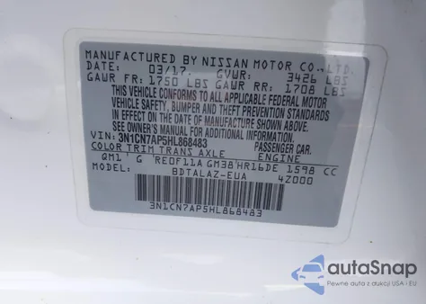 2017 Nissan Versa 1.6 S+ z USA, uszkodzony, nr VIN 3N1CN7AP5HL868483